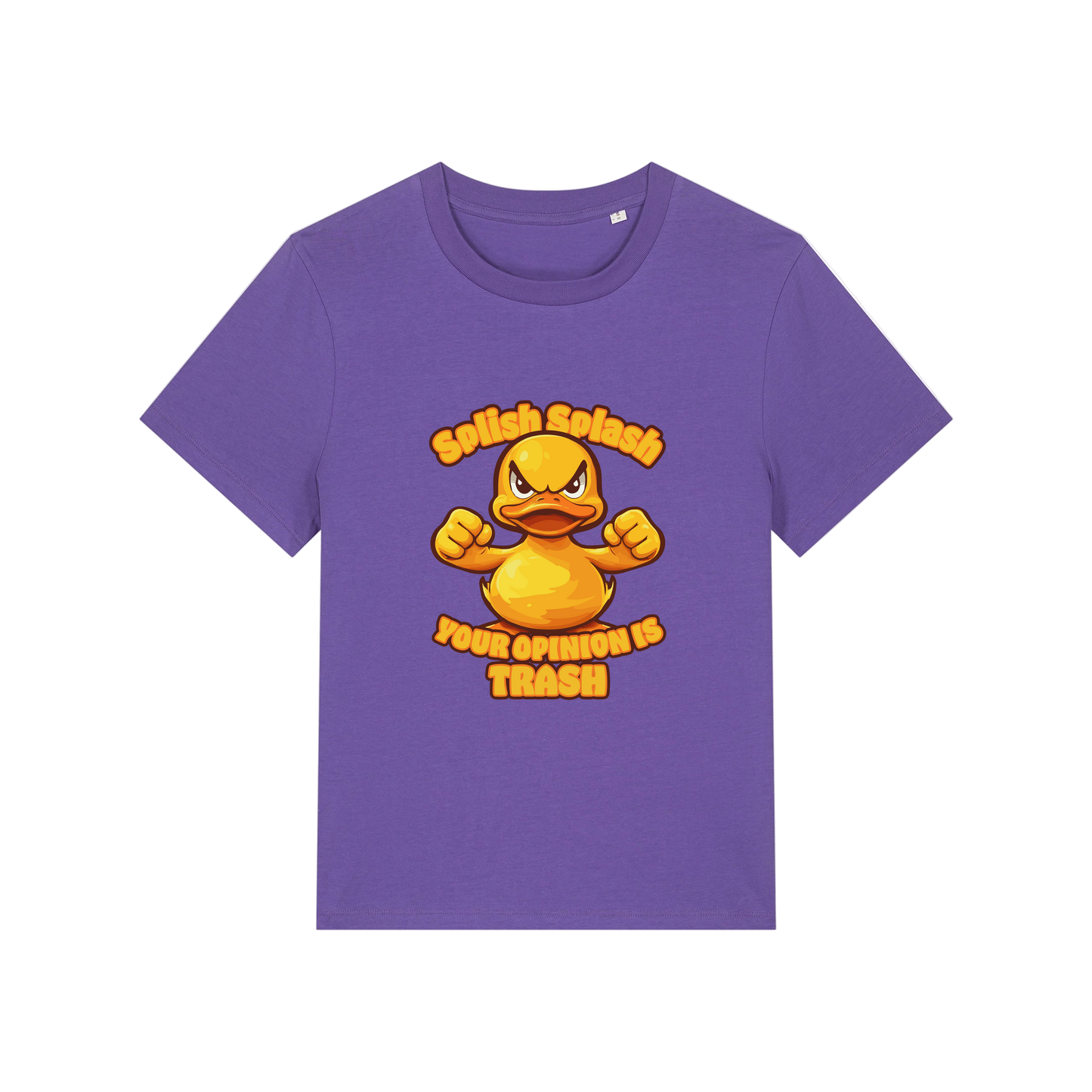 purple sarcastic t-shirt with the graphic of a duck and the slogan 'splish splash your opinion is trash'