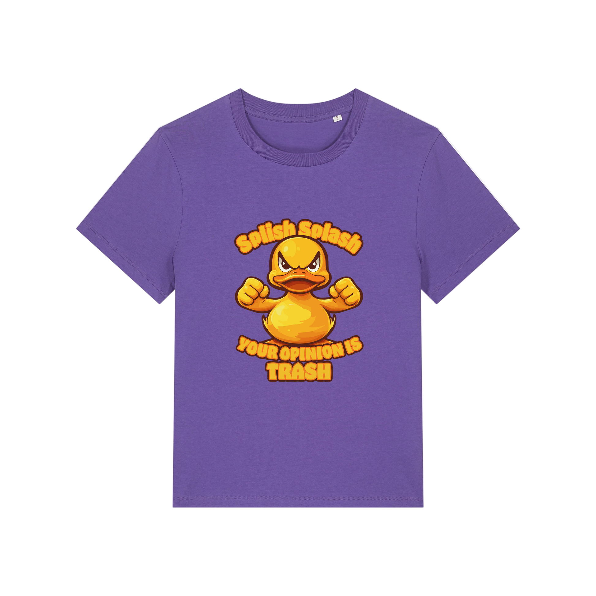 purple sarcastic t-shirt with the graphic of a duck and the slogan 'splish splash your opinion is trash'