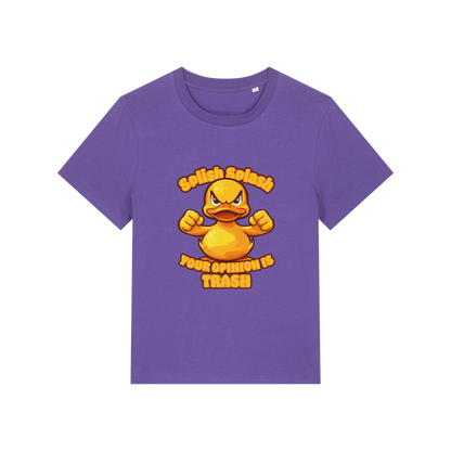 purple sarcastic t-shirt with the graphic of a duck and the slogan 'splish splash your opinion is trash'