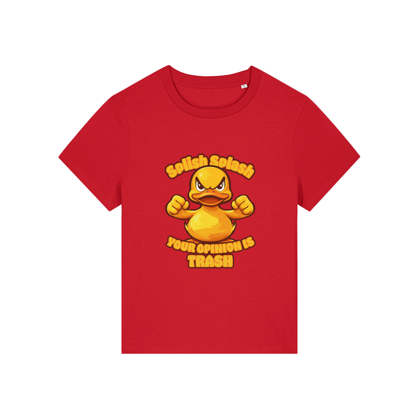 red sarcastic t-shirt with the graphic of a duck and the slogan 'splish splash your opinion is trash'