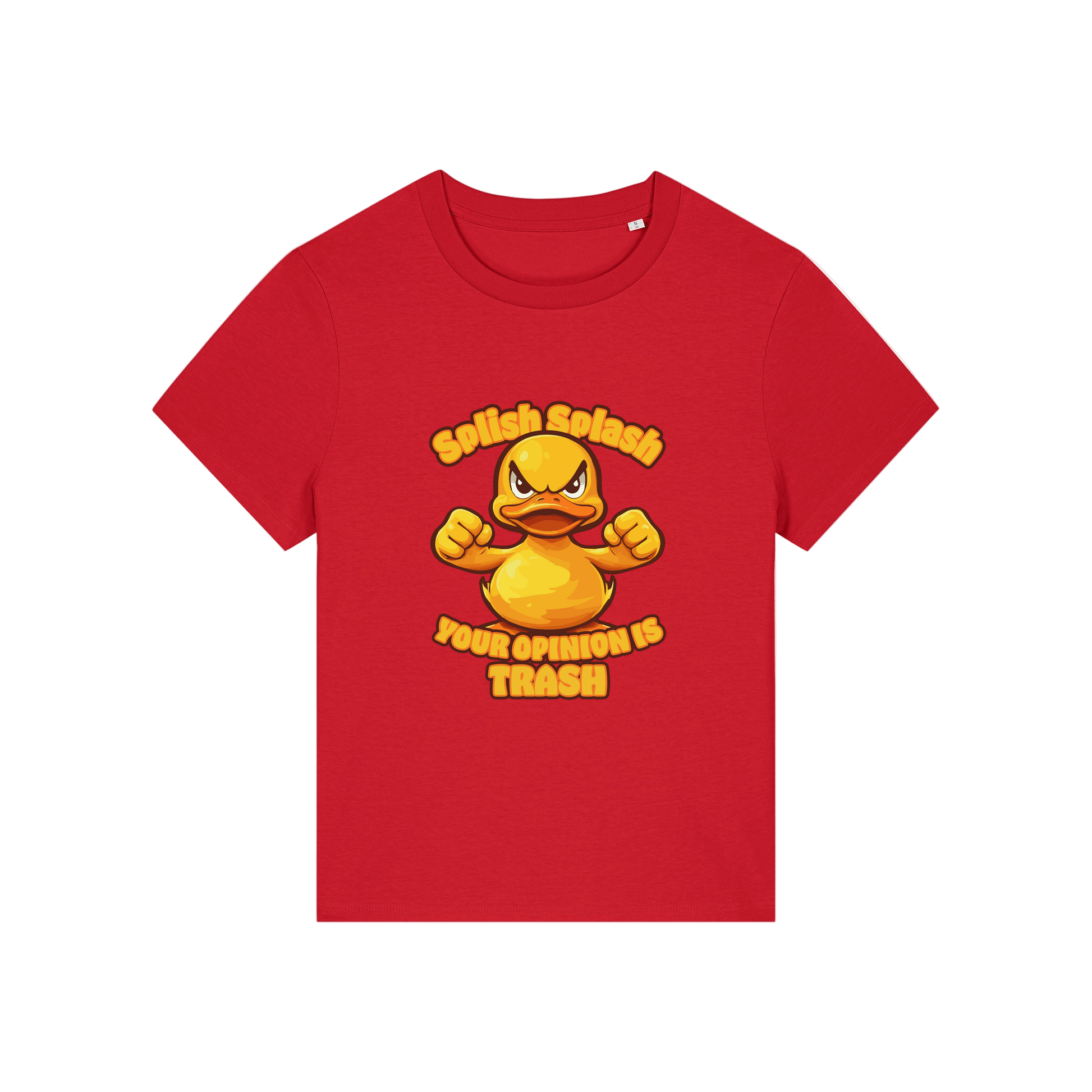 red sarcastic t-shirt with the graphic of a duck and the slogan 'splish splash your opinion is trash'