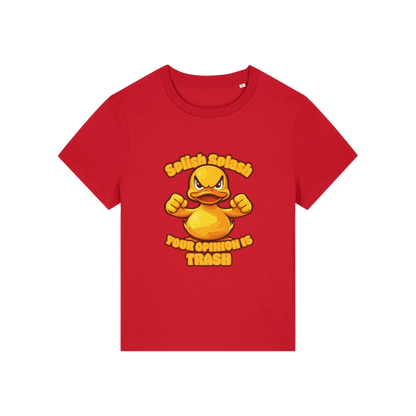 red sarcastic t-shirt with the graphic of a duck and the slogan 'splish splash your opinion is trash'