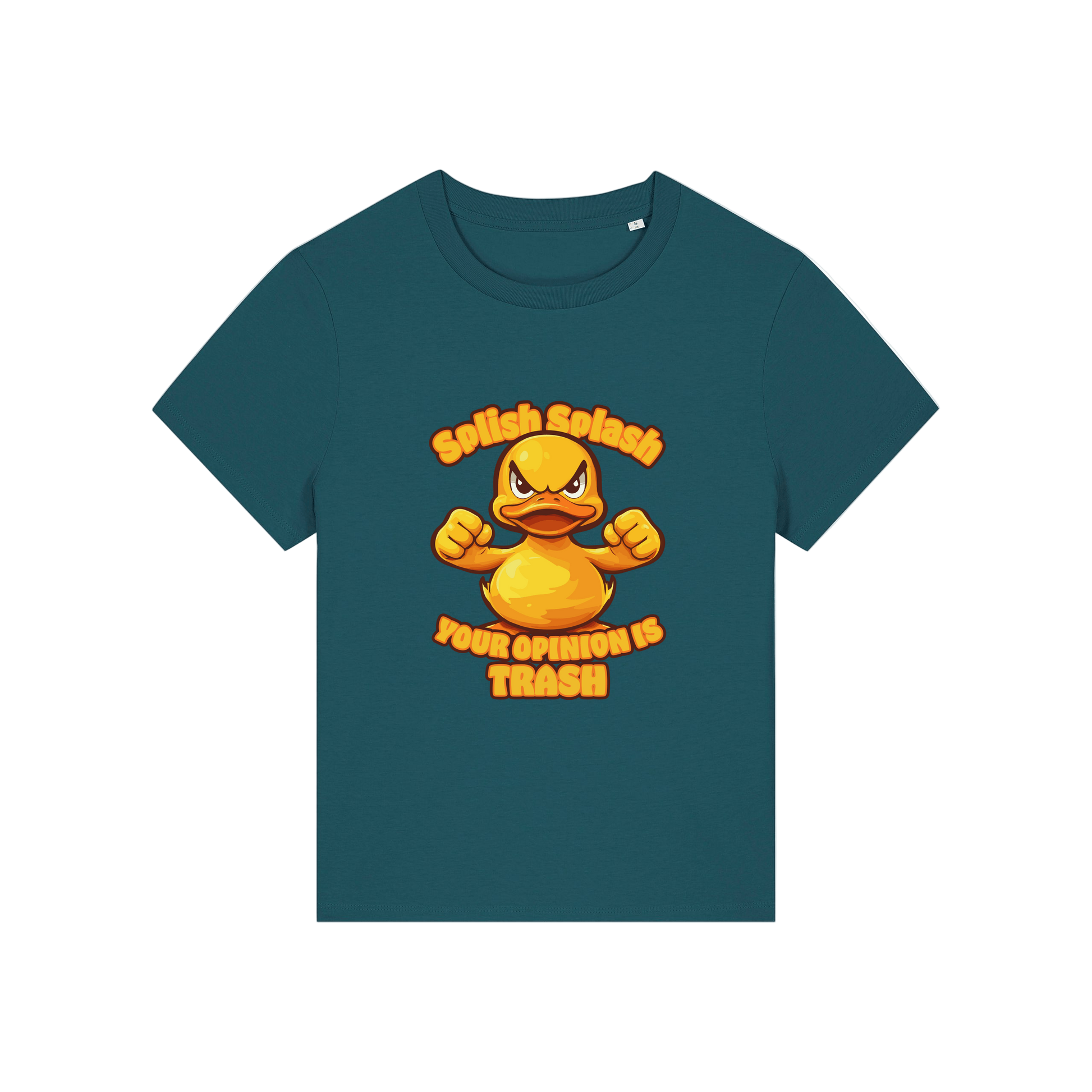 teal sarcastic t-shirt with the graphic of a duck and the slogan 'splish splash your opinion is trash'