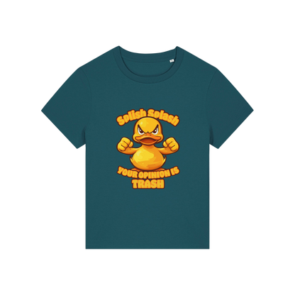 teal sarcastic t-shirt with the graphic of a duck and the slogan 'splish splash your opinion is trash'