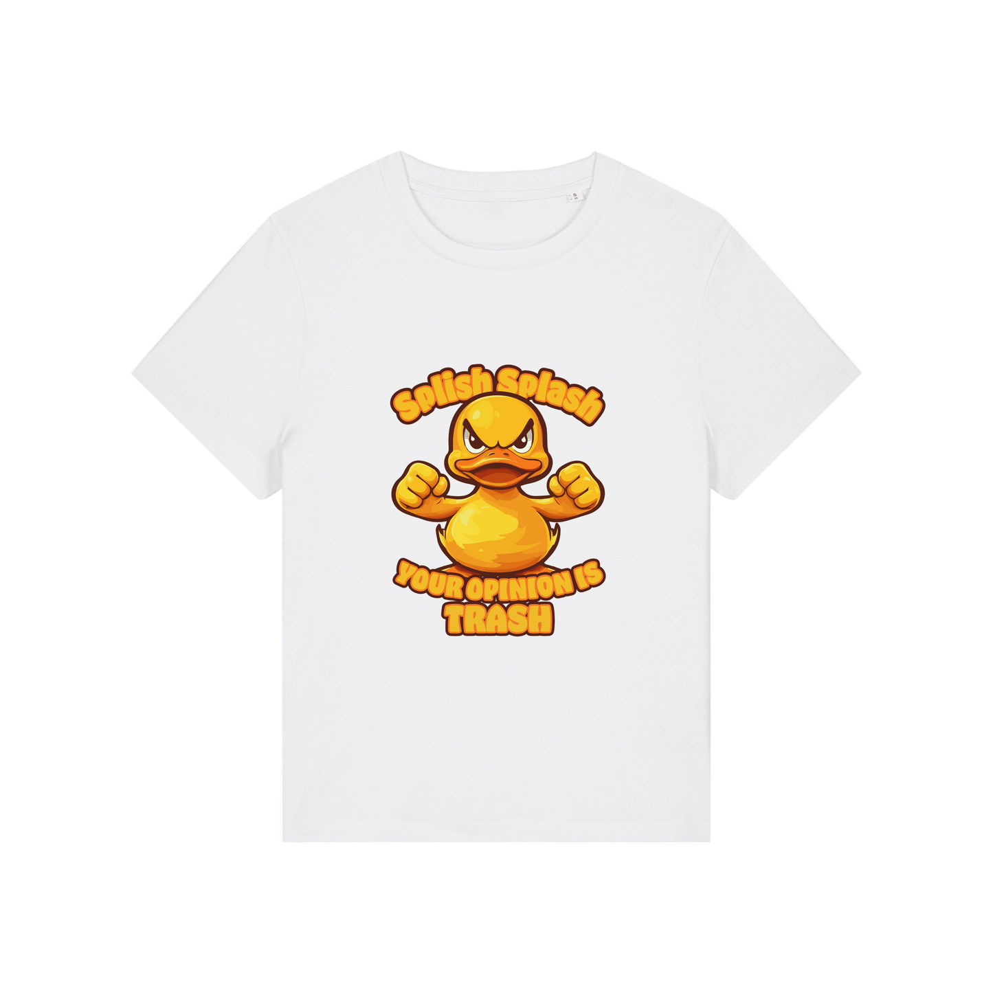 white sarcastic t-shirt with the graphic of a duck and the slogan 'splish splash your opinion is trash'