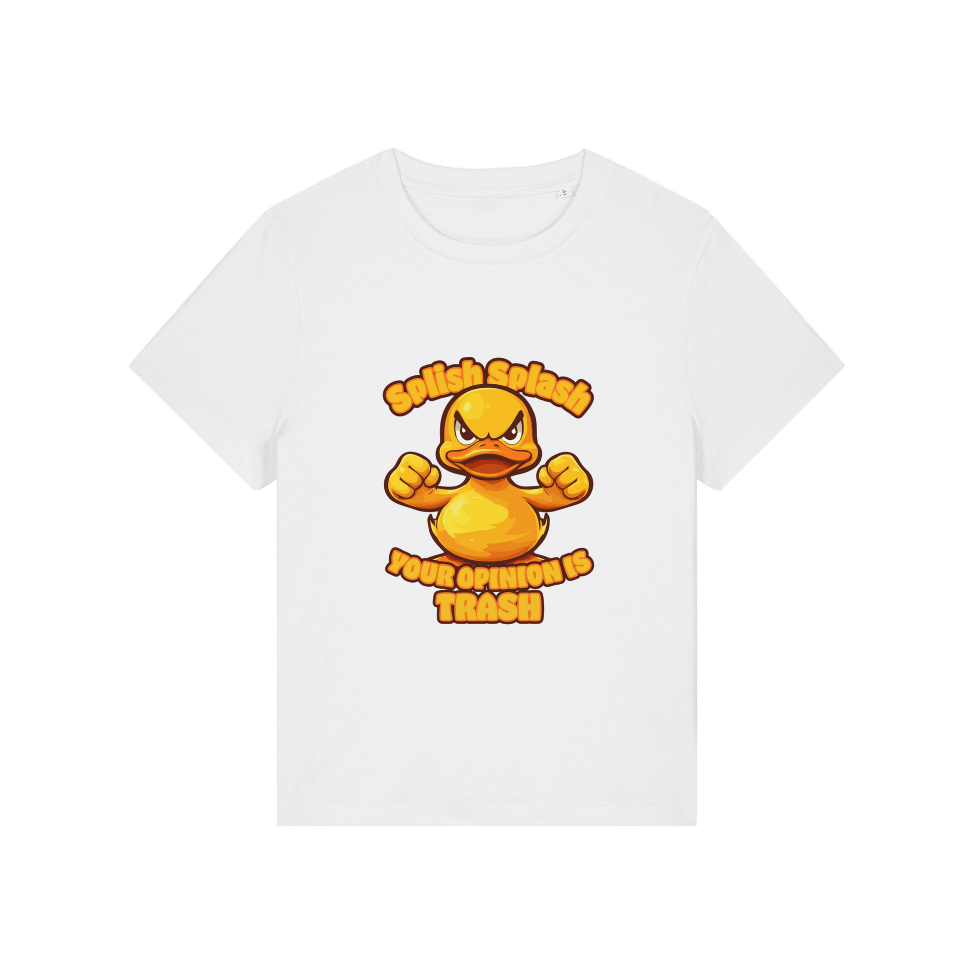 white sarcastic t-shirt with the graphic of a duck and the slogan 'splish splash your opinion is trash'