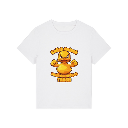 white sarcastic t-shirt with the graphic of a duck and the slogan 'splish splash your opinion is trash'