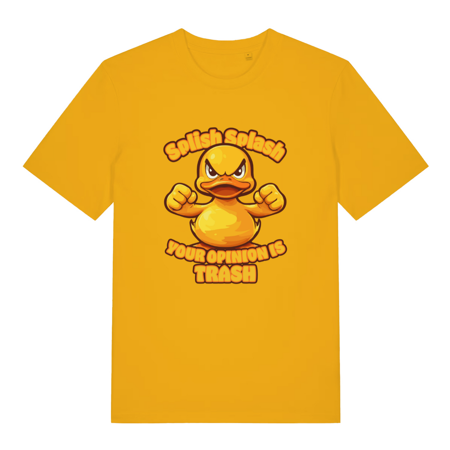 yellow women's funny animal t-shirt with the graphic of a duck and the slogan 'splish splash your opinion is trash'