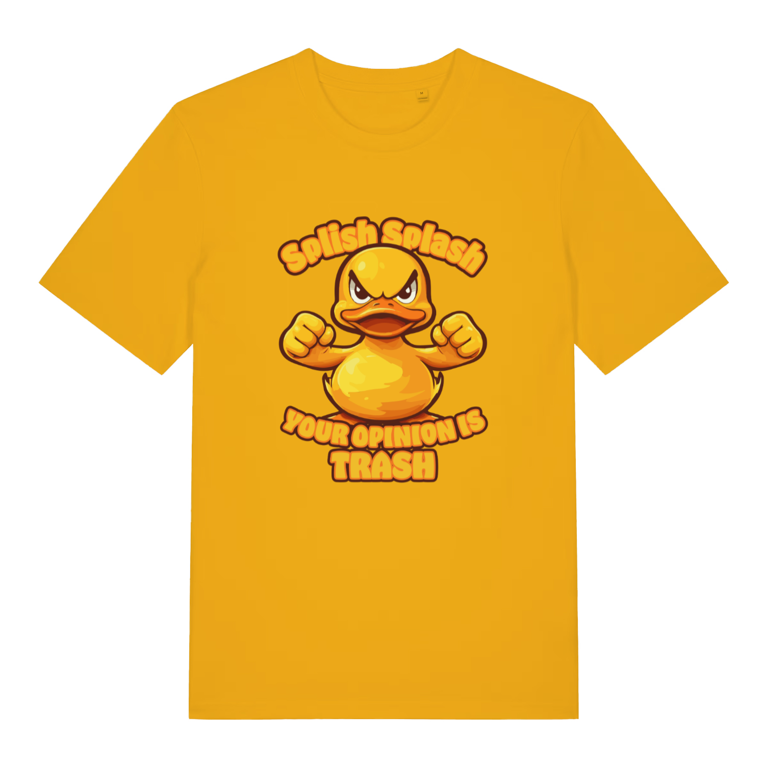 yellow women's funny animal t-shirt with the graphic of a duck and the slogan 'splish splash your opinion is trash'