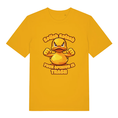 yellow women's funny animal t-shirt with the graphic of a duck and the slogan 'splish splash your opinion is trash'