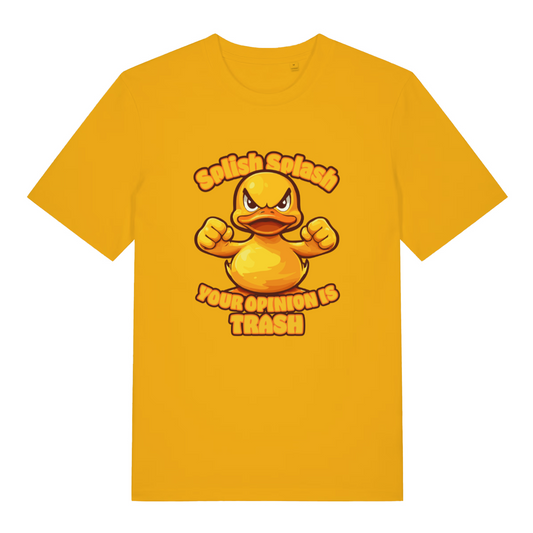 yellow women's funny animal t-shirt with the graphic of a duck and the slogan 'splish splash your opinion is trash'