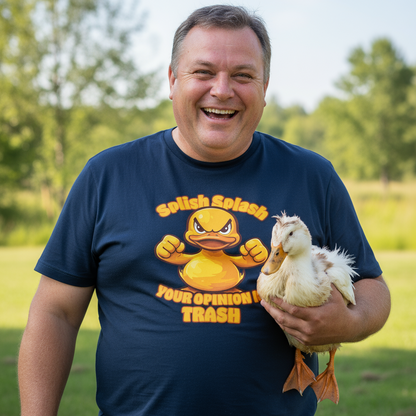 Man wearing a blue t-shirt with a cartoon duck design, holding a duck outdoors.