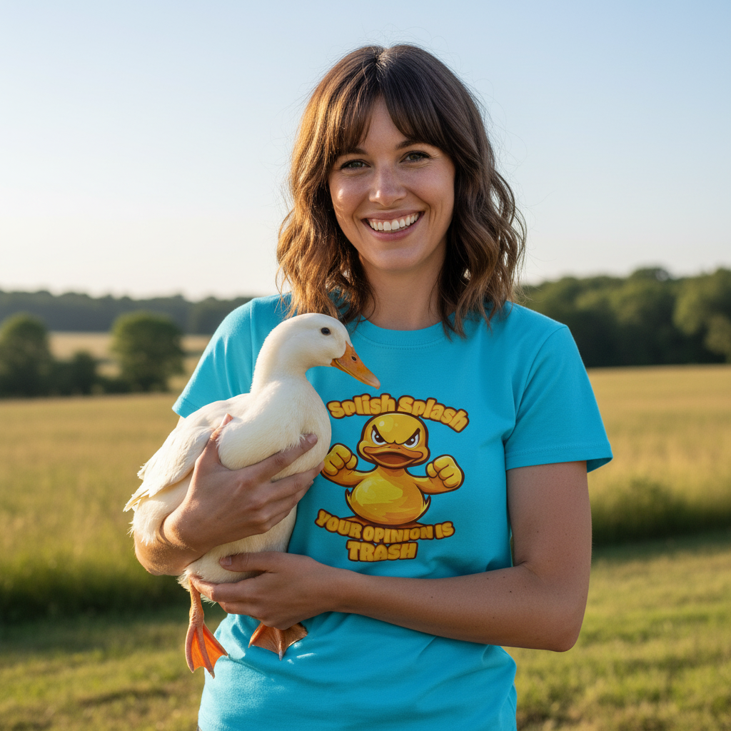 Woman holding a duck in a field wearing a blue t-shirt with a graphic design.