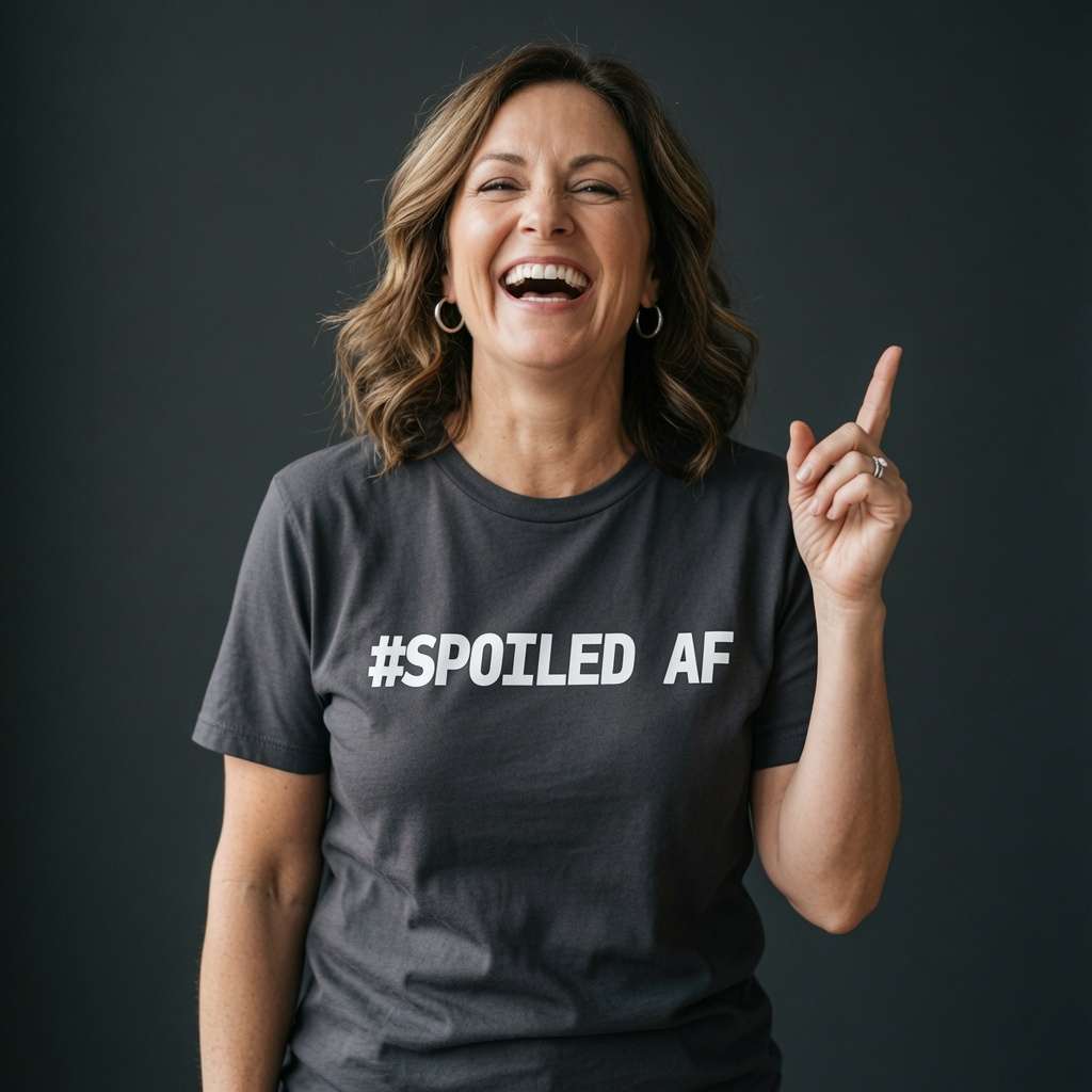 Woman laughing and pointing upward in a black #Spoiled AF t-shirt, funny ladies couples matching slogan that every spoiled lady will claim