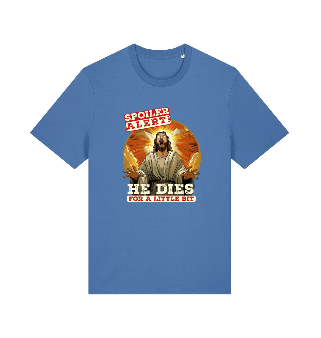 blue funny jesus t-shirt with the grapic of jesus and the slogan 'spoiler alert he dies for a little bit'