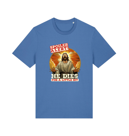 blue funny jesus t-shirt with the grapic of jesus and the slogan 'spoiler alert he dies for a little bit'