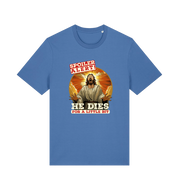 blue funny jesus t-shirt with the grapic of jesus and the slogan 'spoiler alert he dies for a little bit'