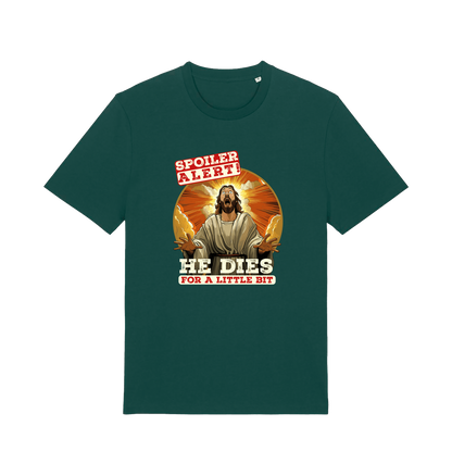 green funny jesus t-shirt with the grapic of jesus and the slogan 'spoiler alert he dies for a little bit'