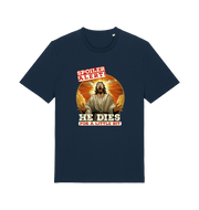 navy funny jesus t-shirt with the grapic of jesus and the slogan 'spoiler alert he dies for a little bit'