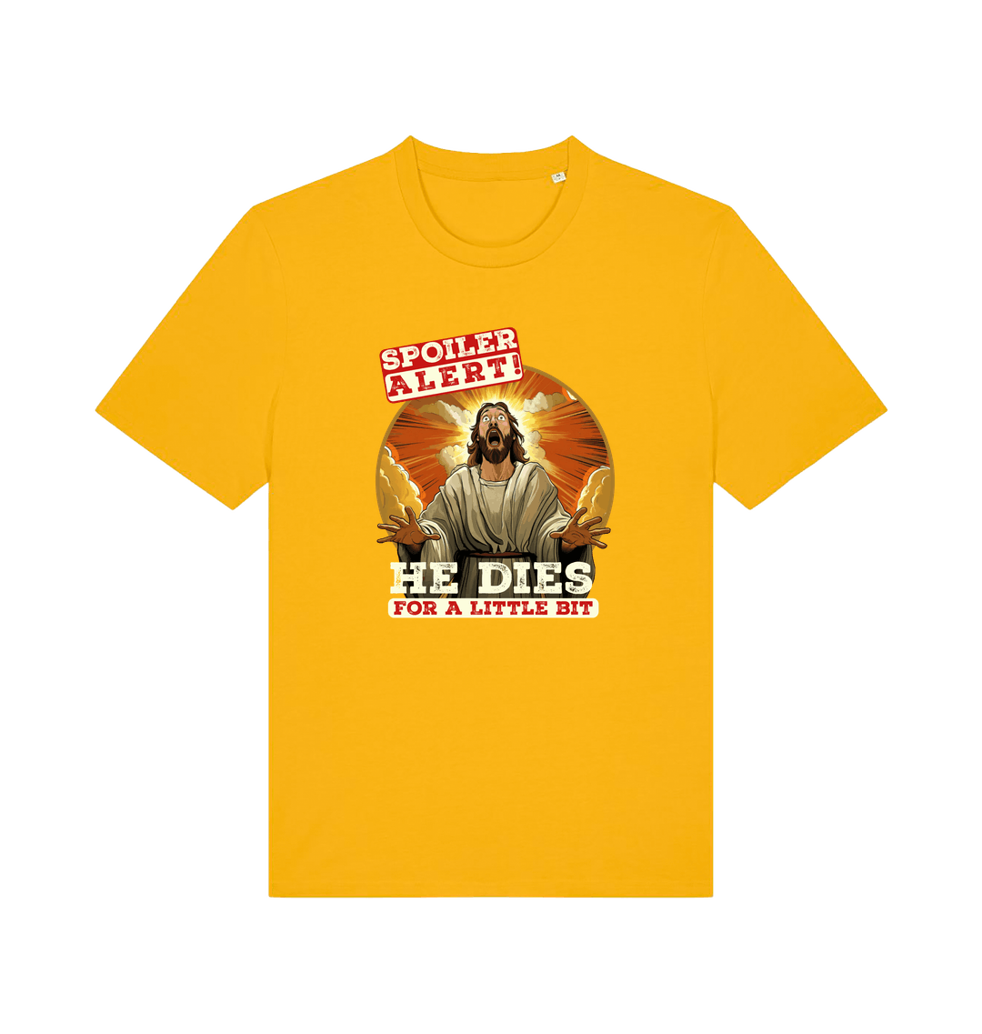 yellow funny jesus t-shirt with the grapic of jesus and the slogan 'spoiler alert he dies for a little bit'