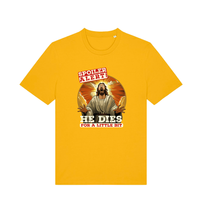 yellow funny jesus t-shirt with the grapic of jesus and the slogan 'spoiler alert he dies for a little bit'
