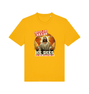 yellow funny jesus t-shirt with the grapic of jesus and the slogan 'spoiler alert he dies for a little bit'