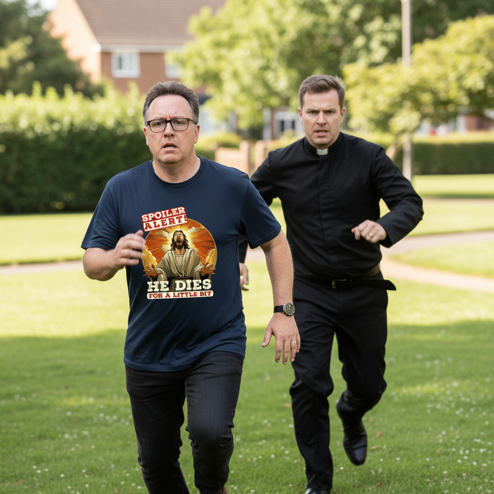 Two men running outdoors, one wearing a t-shirt with a graphic design.