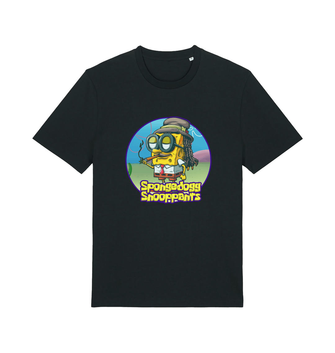 black funny music t-shirt featuring a cartoon sponge dressed like snoop dogg and the slogan 'spongedogg snooppants'