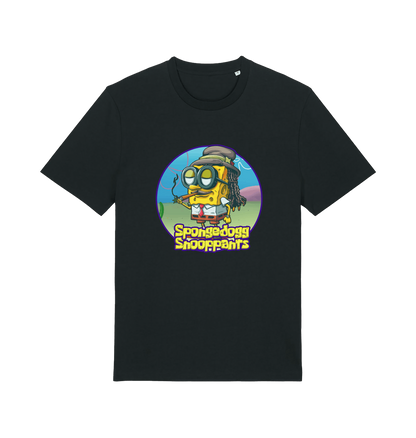 black funny music t-shirt featuring a cartoon sponge dressed like snoop dogg and the slogan 'spongedogg snooppants'