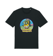 black funny music t-shirt featuring a cartoon sponge dressed like snoop dogg and the slogan 'spongedogg snooppants'