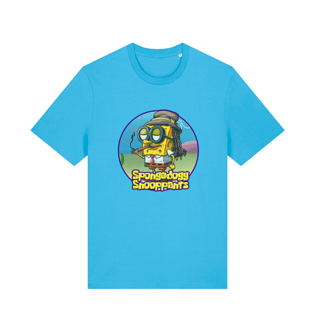 blue funny music t-shirt featuring a cartoon sponge dressed like snoop dogg and the slogan 'spongedogg snooppants'