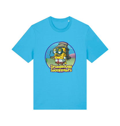 blue funny music t-shirt featuring a cartoon sponge dressed like snoop dogg and the slogan 'spongedogg snooppants'