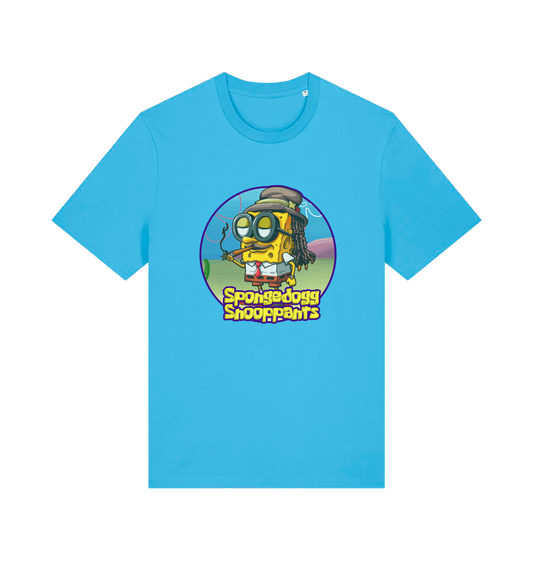 blue funny music t-shirt featuring a cartoon sponge dressed like snoop dogg and the slogan 'spongedogg snooppants'