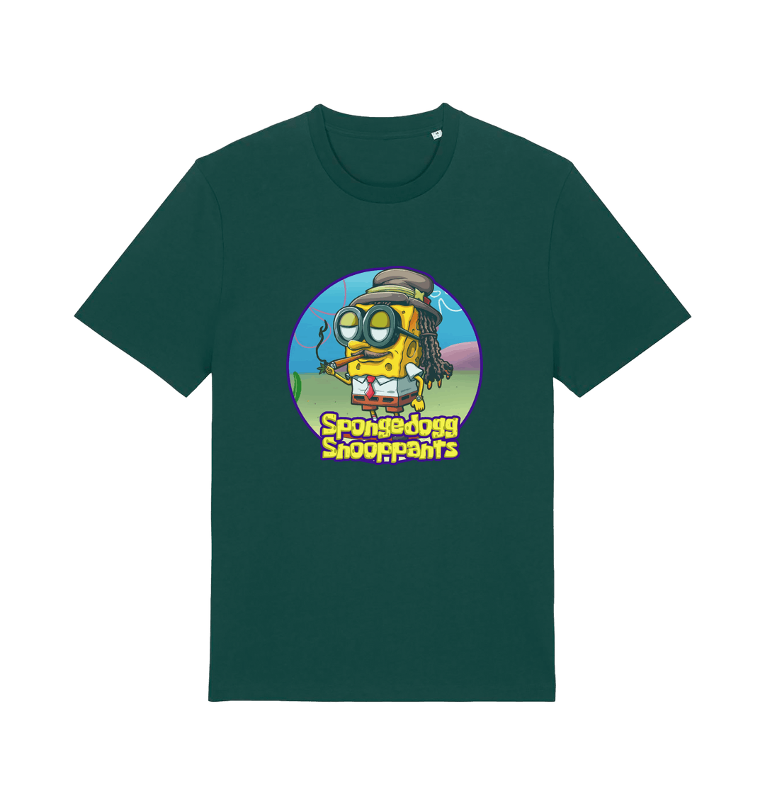 green funny music t-shirt featuring a cartoon sponge dressed like snoop dogg and the slogan 'spongedogg snooppants'