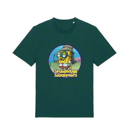 green funny music t-shirt featuring a cartoon sponge dressed like snoop dogg and the slogan 'spongedogg snooppants'