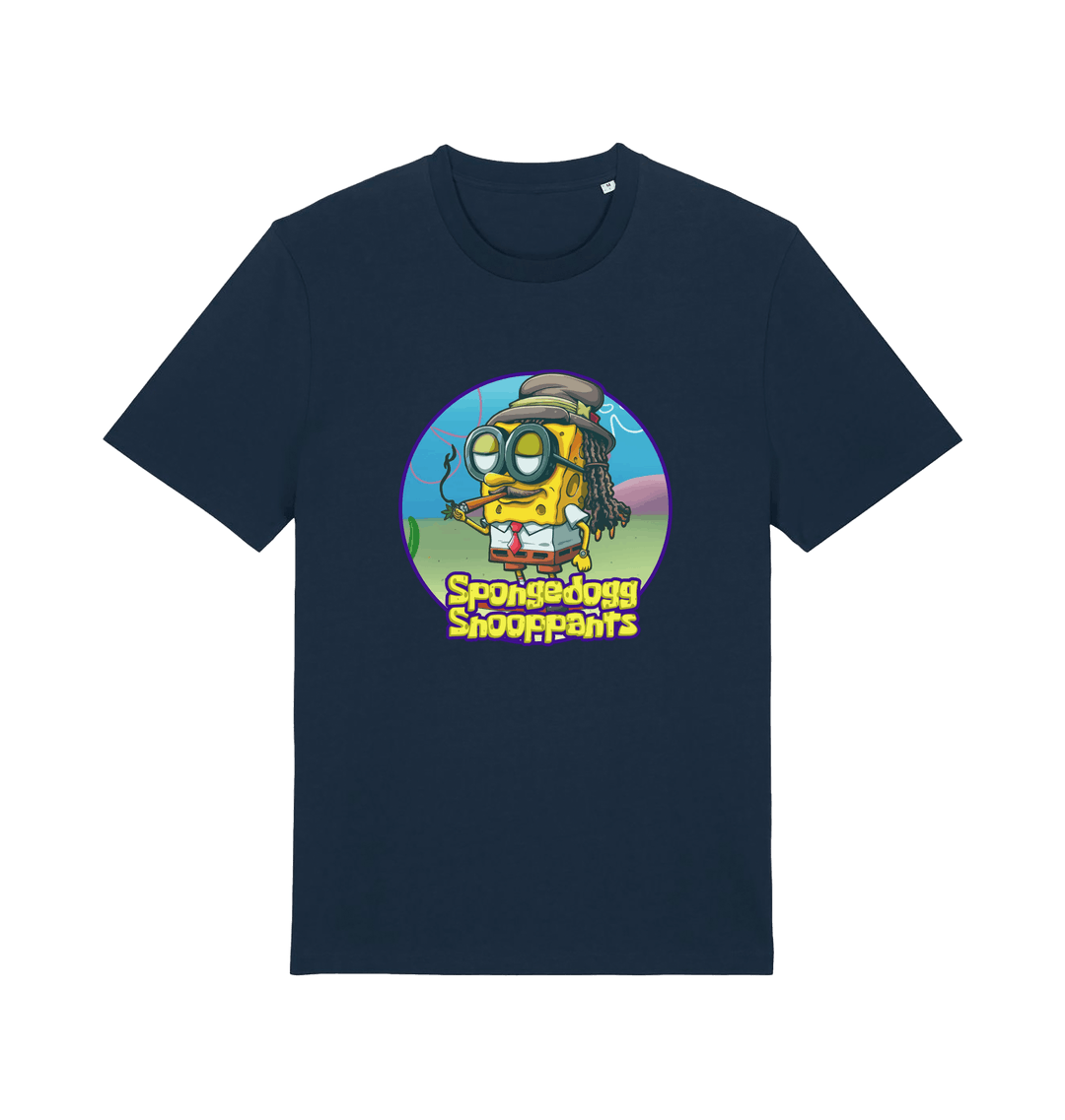 navy funny music t-shirt featuring a cartoon sponge dressed like snoop dogg and the slogan 'spongedogg snooppants'