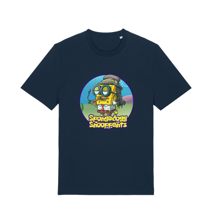 navy funny music t-shirt featuring a cartoon sponge dressed like snoop dogg and the slogan 'spongedogg snooppants'