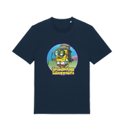 navy funny music t-shirt featuring a cartoon sponge dressed like snoop dogg and the slogan 'spongedogg snooppants'