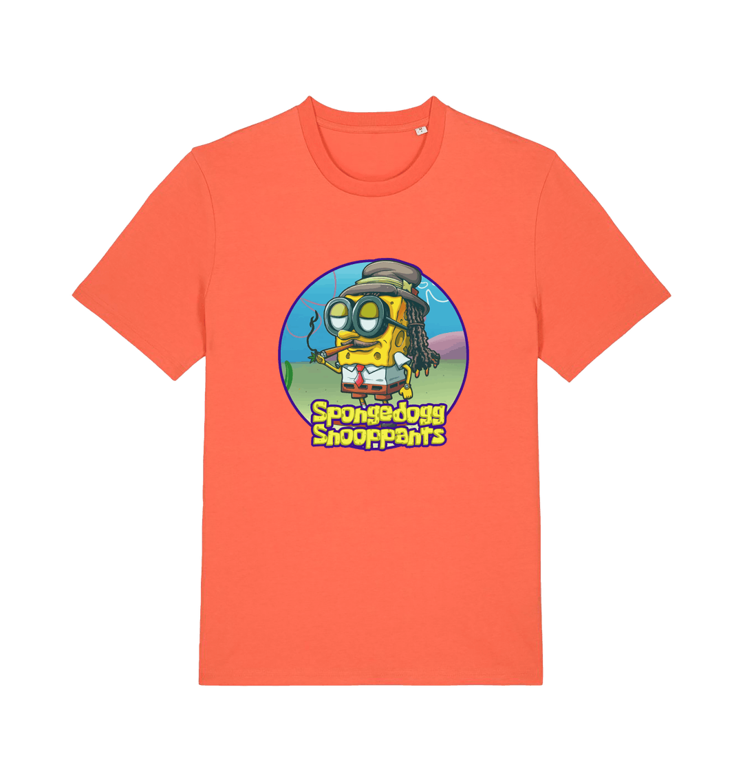 orange funny music t-shirt featuring a cartoon sponge dressed like snoop dogg and the slogan 'spongedogg snooppants'