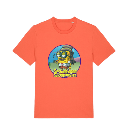 orange funny music t-shirt featuring a cartoon sponge dressed like snoop dogg and the slogan 'spongedogg snooppants'