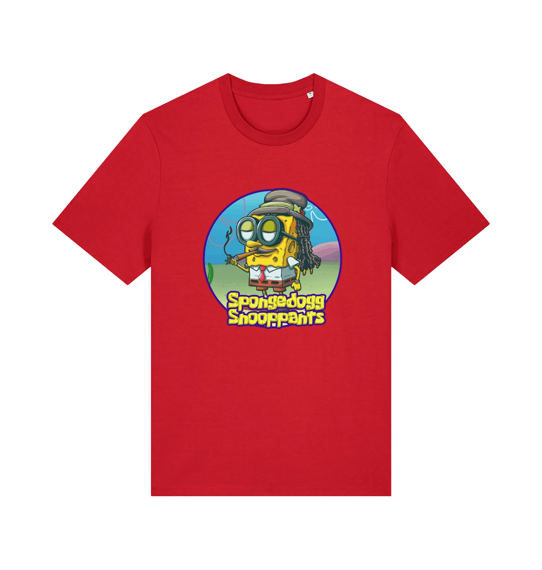 red funny music t-shirt featuring a cartoon sponge dressed like snoop dogg and the slogan 'spongedogg snooppants'