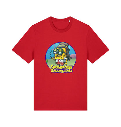 red funny music t-shirt featuring a cartoon sponge dressed like snoop dogg and the slogan 'spongedogg snooppants'