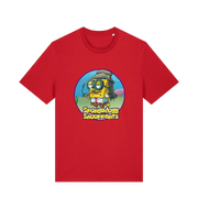 red funny music t-shirt featuring a cartoon sponge dressed like snoop dogg and the slogan 'spongedogg snooppants'