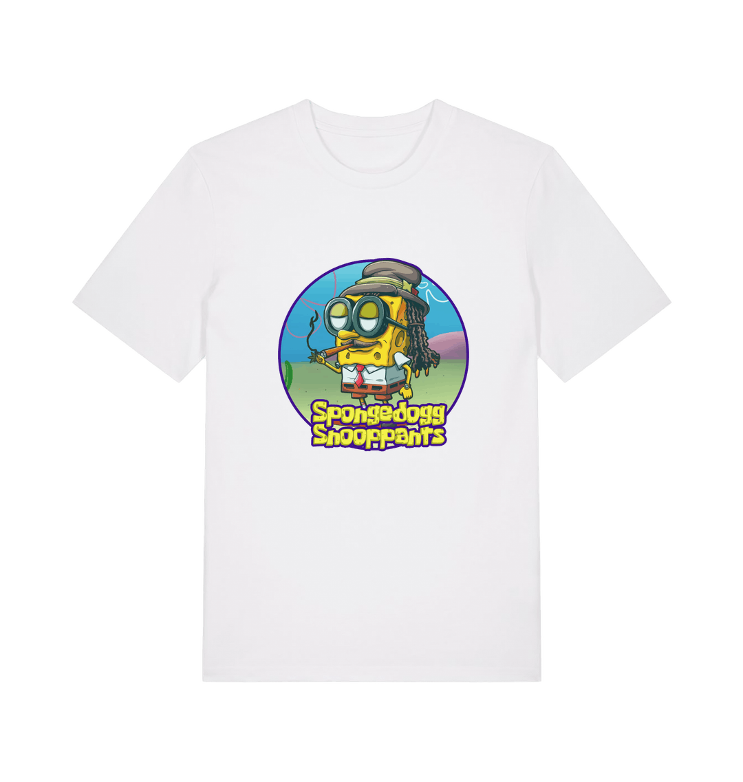 white funny music t-shirt featuring a cartoon sponge dressed like snoop dogg and the slogan 'spongedogg snooppants'