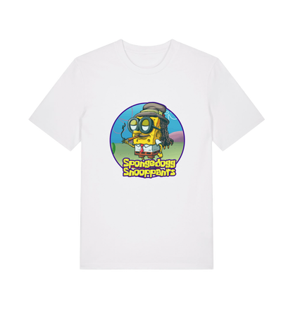 white funny music t-shirt featuring a cartoon sponge dressed like snoop dogg and the slogan 'spongedogg snooppants'