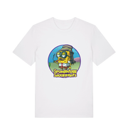 white funny music t-shirt featuring a cartoon sponge dressed like snoop dogg and the slogan 'spongedogg snooppants'
