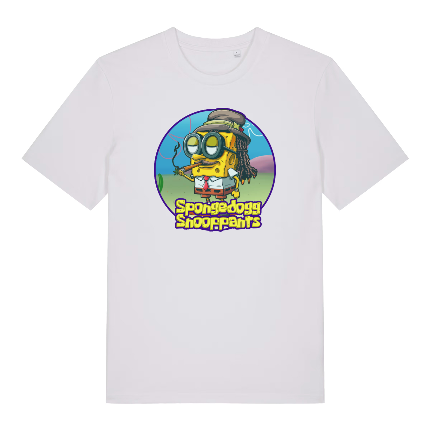 white funny graphic t-shirt with spongebob dressed like snoop dogg and the slogan 'spongedogg snooppants'