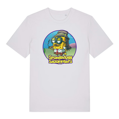 white funny graphic t-shirt with spongebob dressed like snoop dogg and the slogan 'spongedogg snooppants'