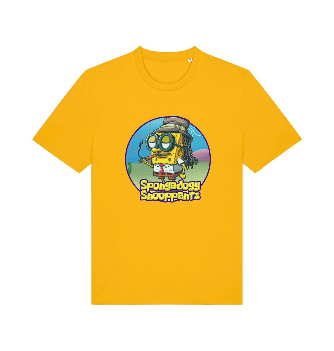 yellow funny music t-shirt featuring a cartoon sponge dressed like snoop dogg and the slogan 'spongedogg snooppants'
