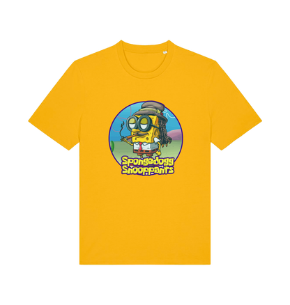 yellow funny music t-shirt featuring a cartoon sponge dressed like snoop dogg and the slogan 'spongedogg snooppants'